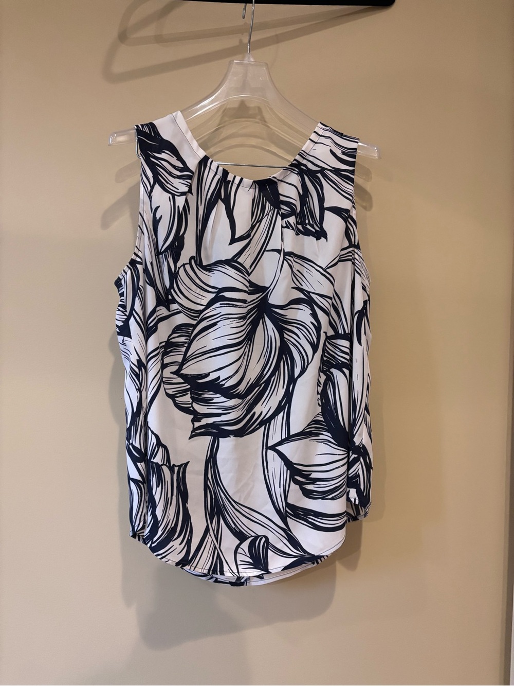 Nine West White Sleeveless Blouse with Navy Floral Sketch Print